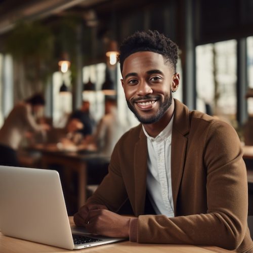 Young smiling professional black man working on the laptop in the office and looking at camera